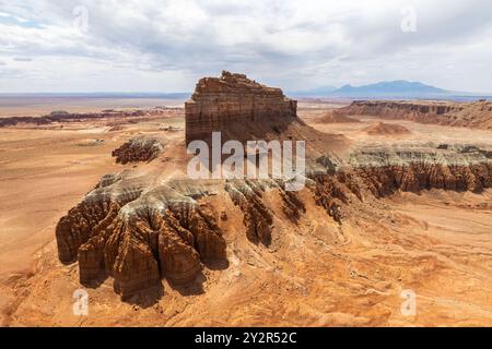 Surplombant les paysages saisissants du parc national de Goblin Valley, cette photographie aérienne capture les formations de grès complexes et les vastes et arides exp Banque D'Images