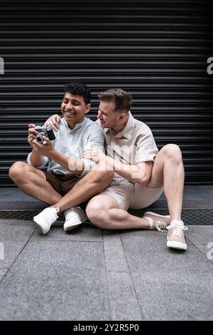 Un joyeux couple gay multiethnique est assis près d'un trottoir, partageant des rires et des souvenirs tout en regardant des photos sur un appareil photo vintage. Banque D'Images