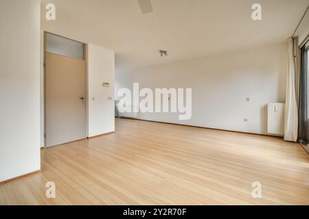 Une salle spacieuse et vide avec parquet poli, murs blancs immaculés et lumière naturelle qui traverse une porte vitrée. Banque D'Images