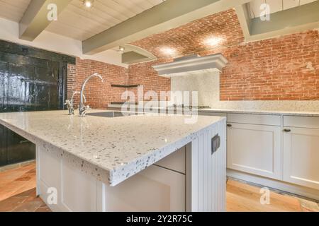 Élégant intérieur de cuisine moderne avec un comptoir en terrazzo, des murs en briques et des appareils en acier inoxydable. Banque D'Images