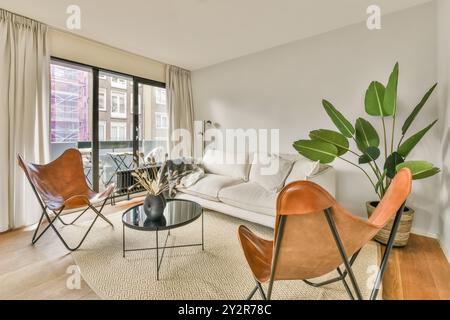 Un salon moderne confortable avec éclairage naturel, un canapé blanc confortable et des chaises papillon en cuir chic, avec des accents de plantes vertes. Banque D'Images