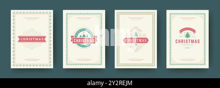 Une collection de quatre cartes de vœux décoratives de Noël présente divers motifs festifs. Chaque carte comporte des illustrations et typographies uniques, parfaites Illustration de Vecteur