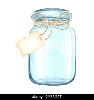 Jag en verre vide avec couvercle et étiquette en papier sur corde. Récipient transparent pour liquide ou céréales. Illustration d'aquarelle dessinée à la main isolée. Ustensile pour Banque D'Images