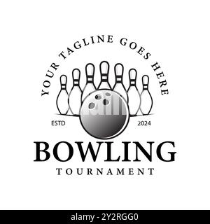 Tournoi de bowling vintage, icônes vectorielles et symboles. Illustration de boule de bowling et de quilles de bowling. Illustration de Vecteur