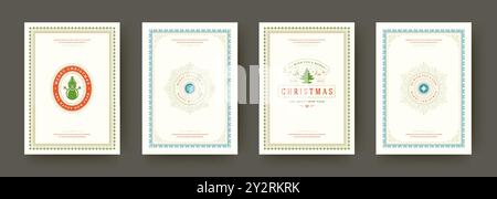 Une collection de quatre cartes de vœux décoratives de Noël présente divers motifs festifs. Chaque carte comporte des illustrations et typographies uniques, parfaites Illustration de Vecteur