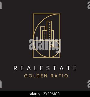 Bâtiment d'or avec le concept de ratio d'or, élégant logo d'appartement immobilier de luxe Illustration de Vecteur