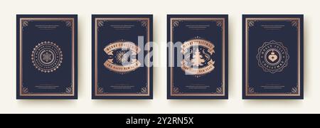 Quatre motifs de cartes de Noël distincts mettent en valeur divers thèmes festifs, notamment un sapin de Noël, un texte décoratif et un renne. Les dessins sont définis comme A. Illustration de Vecteur