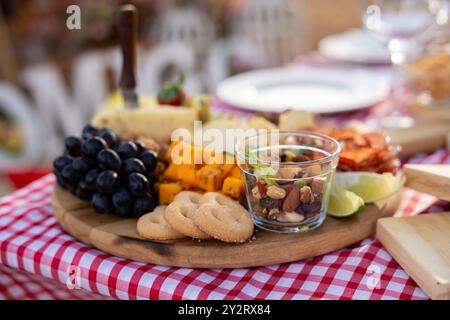 Un gros plan d'une planche de charcuterie avec du fromage, des raisins, des noix et des craquelins sur une nappe à carreaux rouge à l'extérieur. Banque D'Images