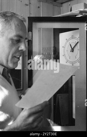 Courant 48B-4-1971 : zéro mètre au-dessus du niveau de la mer. Tregde, à quelques kilomètres de Mandal, a une fonction spéciale de station de mesure officielle des niveaux d'eau en Norvège. Une petite sphère et un appareil de mesure fournissent la base pour le niveau de hauteur dans nos cartes, triangulations et triangulations municipales. L'inertie est la zone la plus stable et convient bien comme « point zéro ». Oslo augmente, par exemple 4 millimètres par an. Superviseur Bjørn Pedersen avec l'appareil d'enregistrement. Deux fois par mois, il envoie les enregistrements au Département géodésique. Photo : Sverre A. Børretzen / Aktuell / NTB ***PHOTO NON Banque D'Images