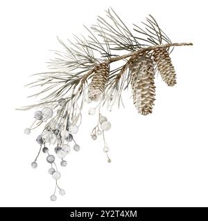 Branche d'épinette de Noël aquarelle avec baies et cônes. Bouquet de Noël isolé sur fond blanc. Branches de pin enneigées, pomme de pin. Banque D'Images