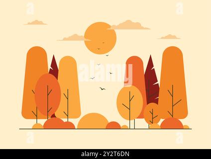 Paysage de la nature en arrière-plan vectoriel de style simple. Illustration plate de paysage d'automne. Illustration vectorielle d'un arbre d'automne, forêt et oiseau volant Illustration de Vecteur