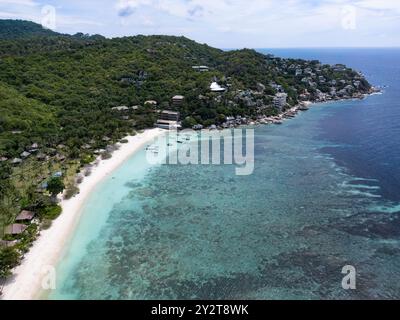 Une vue aérienne d'une plage tropicale avec une eau turquoise claire près de Shark Bay par une journée ensoleillée à Ko Tao Island, Thaïlande Banque D'Images