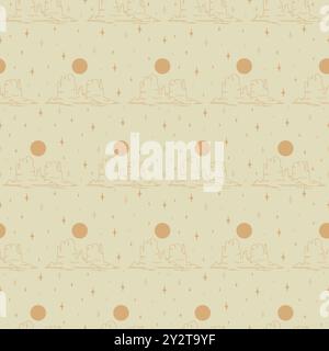 Motif désert sans couture. Vintage beau motif d'illustration de désert sans couture. Paysage avec des montagnes, vecteur de coucher de soleil style dessiné à la main pour wallpape Illustration de Vecteur