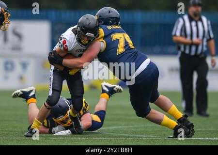 Coventry, Royaume-Uni. 7 septembre 2024, BRITBALL XXXVI BAFA Adult contact Division 2 Championship final Sandwell Steelers v Colchester Gladiators, Butts Park sont Banque D'Images