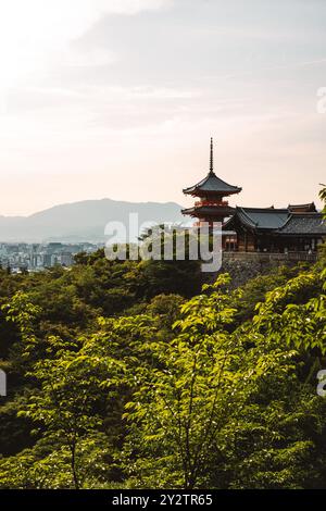 Une vue panoramique sur le temple Kiyomizu-dera à Kyoto, au Japon, entouré d'une végétation luxuriante avec un paysage urbain et des montagnes en arrière-plan. Banque D'Images