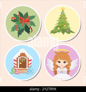 Ensemble festif pour enfants, autocollants, emblèmes. Illustration de Vecteur
