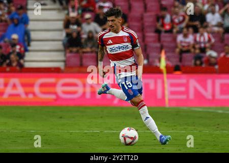 Churriana de la Vega, Espagne. 07 septembre 2024. Carlos Neva de Granada CF lors du match de Liga entre Granada CF - RC Deportivo de la Coruña au stade Nuevo Los Cármenes le 07 septembre 2024 à Grenade, Espagne (photo José M Baldomero/Pacific Press/Sipa USA) crédit : Sipa USA/Alamy Live News Banque D'Images