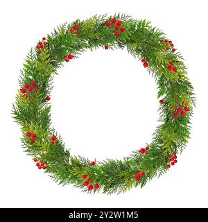 Couronne de Noël festive. Cadre rond de brindilles de thuja décorées de baies rouges artificielles. Couronne isolée sur fond blanc, espace de copie. Banque D'Images