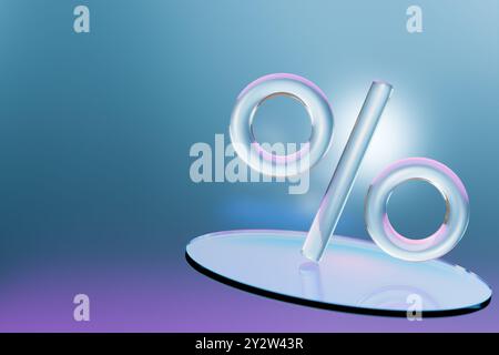 Un symbole de pourcentage de verre sur une surface réfléchissante, évoquant des thèmes de remises et de ventes. rendu 3d. Banque D'Images
