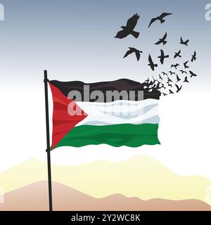 Agitant le drapeau de Palestine avec la mouche de liberté d'oiseau , drapeau de Palestine pour le jour de l'indépendance. Illustration de Vecteur