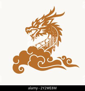 Dragon chinois rouge traditionnel avec style de nuage de chines, icône vectorielle de silhouette. Chinois asiatique joyeux nouveau Illustration de Vecteur