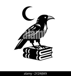 Un corbeau debout sur un livre avec une lune dans l'illustration vectorielle de fond Illustration de Vecteur