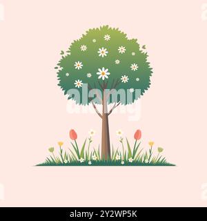 Un arbre de printemps avec des feuilles vertes avec des fleurs en fleurs illustration vectorielle, vecteur d'arbre de fleur de cerisier, Illustration de Vecteur