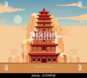 Les grottes de Mogao - les grottes des mille Bouddha - Dunghuang, Gansu en Chine - illustration stock comme fichier EPS 10 Illustration de Vecteur