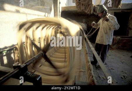 Travailleurs dans une usine de filature de laine de chameau dans la ville de Jaisalmer dans la province du Rajasthan en Inde. Inde, Jaisalmer, janvier 1998 Banque D'Images