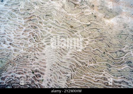 Un gros plan des formations géologiques uniques de Pamukkale, avec des motifs complexes de dépôts de carbonate de calcium blanc. L'image présente l'abst Banque D'Images