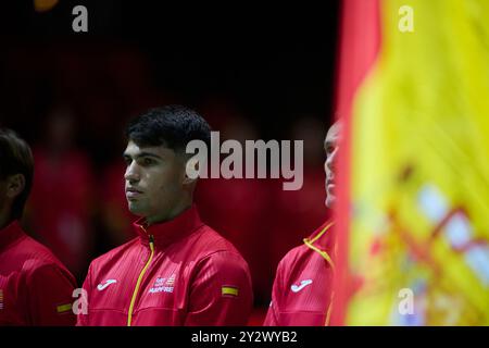 Valencia, Espagne. 11 septembre 2024. Carlos Alcaraz de l'équipe d'Espagne vu lors de la finale de la Coupe Davis Groupe B premier match en simple à Pabellon Fuente de San Luis. Roberto Bautista Agut a gagné 7/6, 5/3 crédit : SOPA images Limited/Alamy Live News Banque D'Images