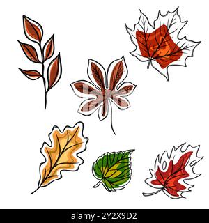 Grand ensemble de feuilles d'automne croquis à main levée. Modèle d'autocollant d'automne - feuilles d'automne Banque D'Images
