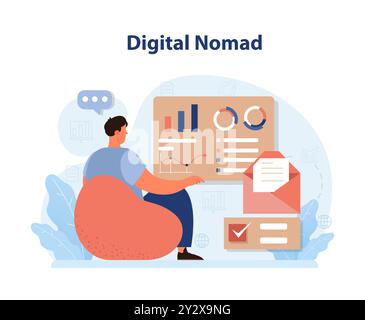 Nomade numérique. Freelance travaillant à distance sur l'ordinateur portable globalement depuis les vacances. Horaires flexibles, externalisation de la technologie et tourisme professionnel. Illustration vectorielle plate Illustration de Vecteur