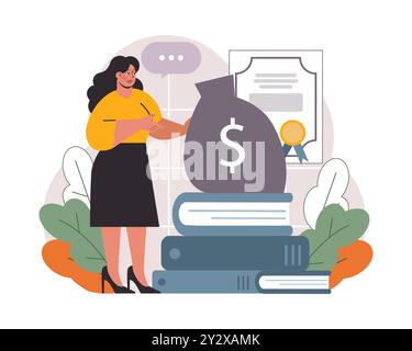 Dette étudiante. Jeune personnage diplômé avec une crise financière. Prêt à l'éducation expatrié. Problème de paiement après une graduation. Illustration vectorielle plate Illustration de Vecteur