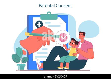 La santé infantile. Parent avec des enfants visitant le médecin pédiatre ou le spécialiste de la santé. Consultation médicale sur la santé physique et mentale du bébé. Consentement des parents. Illustration vectorielle plate Illustration de Vecteur