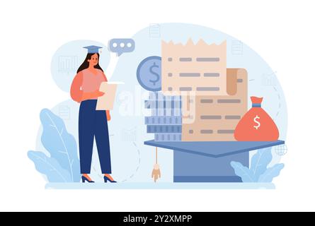 Dette étudiante. Jeune personnage diplômé avec une crise financière. Prêt à l'éducation expatrié. Problème de paiement après une graduation. Illustration vectorielle plate Illustration de Vecteur