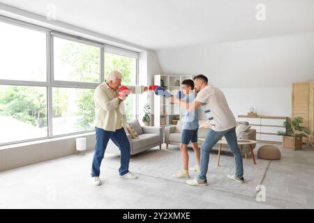 Adolescent avec son père et son grand-père boxant à la maison Banque D'Images