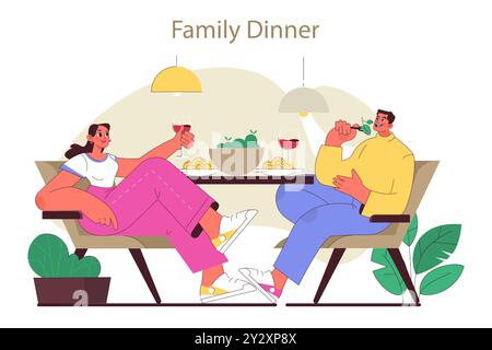 Jeunes heureux se relaxant à la maison. Couple mignon ayant un dîner fait maison ensemble. Mari et femme mangeant des pâtes et buvant du vin. Approche lente du style de vie. Illustration vectorielle plate Illustration de Vecteur