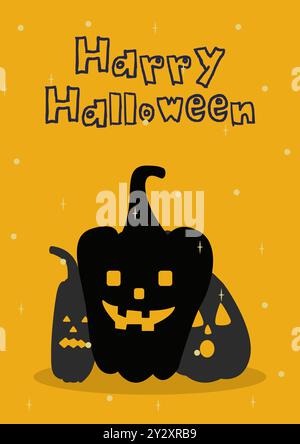 Carte d'Halloween avec trois citrouilles noires sur fond orange avec des étoiles. Joyeux motif carte postale d'halloween. Halloween pour les enfants. Illustration vectorielle dans Illustration de Vecteur