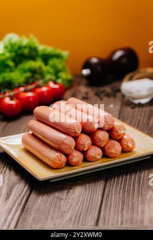 Pile de saucisses sur une assiette, parfait pour les présentations alimentaires, les visuels de cuisine et les conceptions de menu Banque D'Images