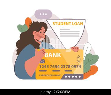 Dette étudiante. Jeune personnage diplômé avec une crise financière. Prêt à l'éducation expatrié. Problème de paiement après une graduation. Illustration vectorielle plate Illustration de Vecteur