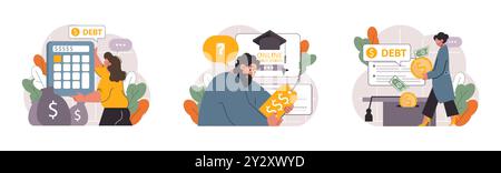 Dette étudiante fixée. Jeune personnage diplômé avec une crise financière. Prêt à l'éducation expatrié. Problème de paiement après une graduation. Illustration vectorielle plate Illustration de Vecteur