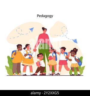 Pédagogie. Méthode d'éducation et d'éducation des enfants. Les enfants de l'école primaire acquièrent des connaissances et des compétences, une approche moderne de l'enseignement. Illustration vectorielle plate Illustration de Vecteur