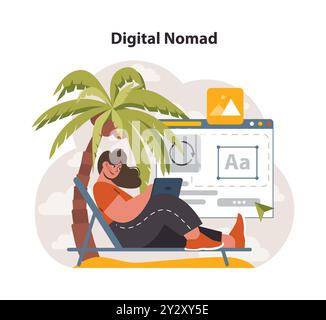 Nomade numérique. Freelance travaillant à distance sur l'ordinateur portable globalement depuis les vacances. Horaires flexibles, externalisation de la technologie et tourisme professionnel. Illustration vectorielle plate Illustration de Vecteur
