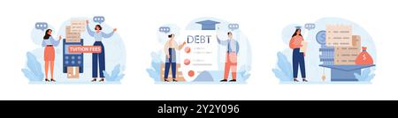 Dette étudiante fixée. Jeune personnage diplômé avec une crise financière. Prêt à l'éducation expatrié. Problème de paiement après une graduation. Illustration vectorielle plate Illustration de Vecteur