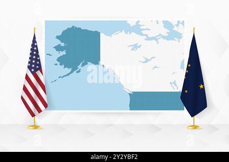 Carte de l'Alaska et drapeaux de l'Alaska sur le stand de drapeau. Illustration vectorielle pour la réunion de diplomatie. Illustration de Vecteur