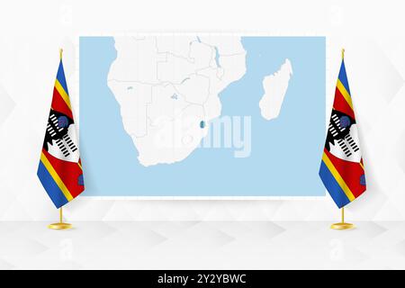 Carte du Swaziland et drapeaux du Swaziland sur porte-drapeau. Illustration vectorielle pour la réunion de diplomatie. Illustration de Vecteur