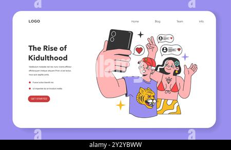 Bannière web Kidult ou page de destination. Les gens gardent leur passion ou leur intérêt d'enfance. Personnages tenant un smartphone, prenant un selfie. Homme et femme posant pour les médias sociaux. Illustration vectorielle plate Illustration de Vecteur