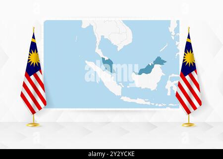 Carte de Malaisie et drapeaux de Malaisie sur le stand de drapeau. Illustration vectorielle pour la réunion de diplomatie. Illustration de Vecteur