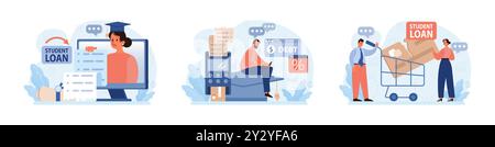 Dette étudiante fixée. Jeune personnage diplômé avec une crise financière. Prêt à l'éducation expatrié. Problème de paiement après une graduation. Illustration vectorielle plate Illustration de Vecteur